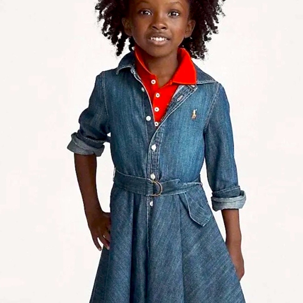 Polo by Ralph Lauren Girls Denim Dress with Red Collar